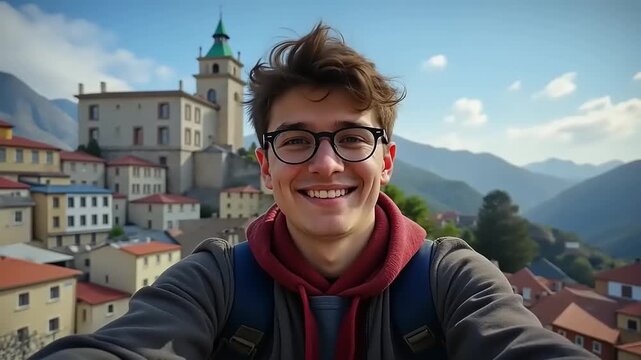 Young Man Captures Smiling Selfie While Exploring the Charming Italian Village of Tocco Caudio