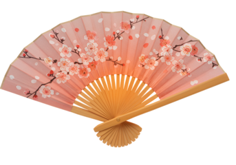 Elegant pink floral hand fan with cherry blossom design on black background