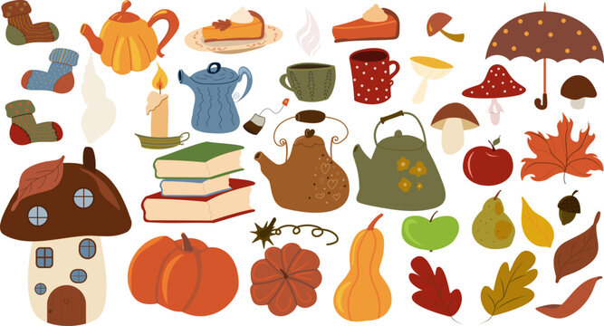 Big collection of isolated cartoon autumn elements: books, socks, pumpkins, leaves, pies, candles. Ideal for seasonal graphic design projects, invitations, scrapbooking or stickers.