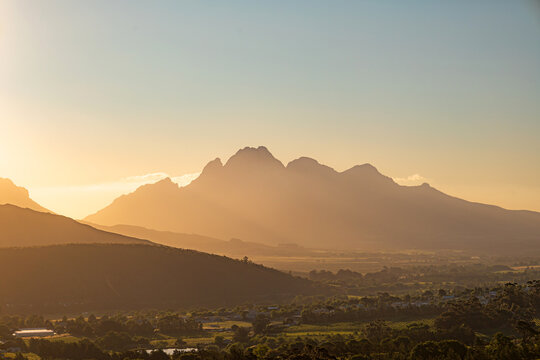 Mountains in golden hour sunset light. Simon's Mountain, Simonsberg South Africa