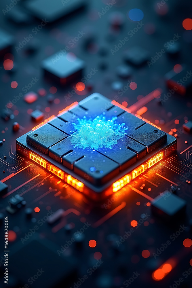 Poster a close-up view of a central processing unit with glowing energy, showcasing technological advanceme