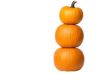 Three stacked orange pumpkins on a white isolated background, perfect for autumn and Halloween themes.