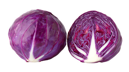 Fototapeta premium Two halves of vibrant purple cabbage on a white isolated background, showcasing rich colors and texture.