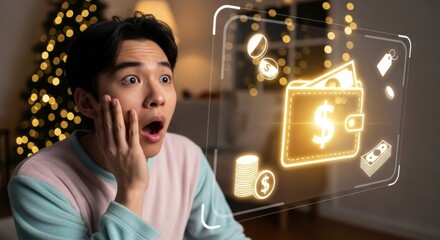 Asian man with surprised expression looking at a glowing financial projection with money and wallet icons. Online payment concept.