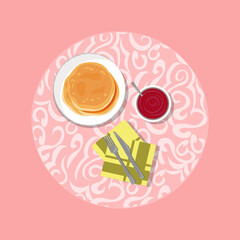 Vector illustration of crepes on a white plate with a bowl of red jam, fork, knife, and napkin, on a decorative pink table,viewed from above . Perfect for design breakfast or dessert themes.