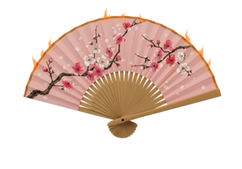 Elegant pink hand fan adorned with cherry blossom flowers showcasing traditional Asian craftsmanship