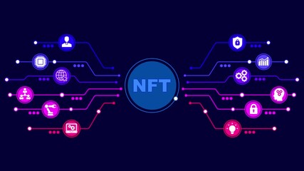 NFT Non-fungible token digital crypto on virtual screen. 4k video animation - Powered by Adobe