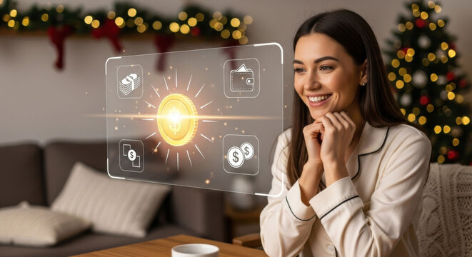 Young woman looking at holographic financial interface display. Financial management and earning concept during holiday season for Christmas.