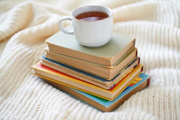Fototapeta premium Cozy morning with a cup of tea and stack of books on a soft blanket
