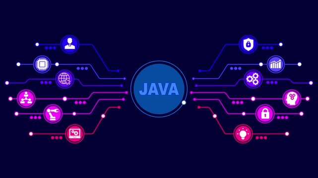 Software, web development, programming concept. Programming languages java and program. Software development. Abstract technology symbols on a blue background