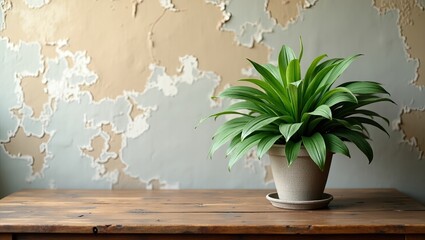 Houseplant in a light gray pot on a wooden table.