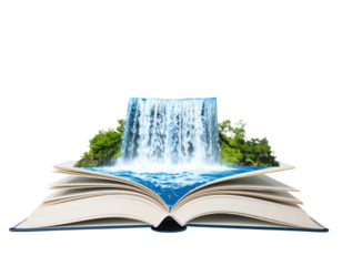 An open book with a waterfall and lush greenery emerging from its pages, creating a vibrant and imaginative scene.