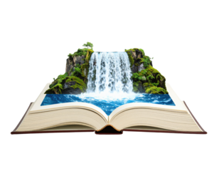 An open book reveals a 3D waterfall scene with lush greenery, blending literature and nature in a captivating visual display.