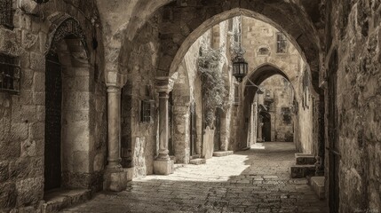 Fototapeta premium Historic Cobblestone Alleyway in the Jewish Quarter, Jerusalem. Vintage Style Photograph of Ancient Architecture.