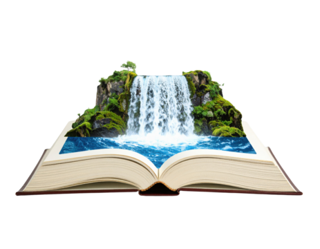 An open book reveals a 3D waterfall scene with lush greenery, blending literature and nature in a captivating visual display.