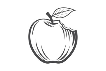 Bitten Apple Outline with Leaf Graphic, Gray Shade on White Backdrop