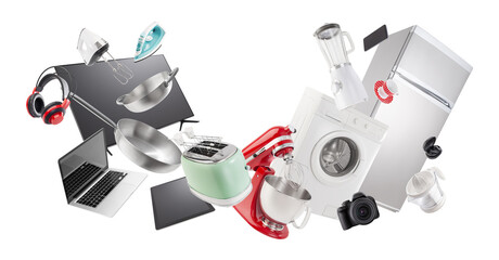 Electronics and appliance store shopping. Group of household appliances and electronic devices for the home and kitchen. Top deals and sales in supermarkets, malls and Online shopping offers banner