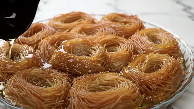 Golden Basbousa Cake Drizzled with Honey Syrup on Clear Glass Dish Displayed on Marble Table Top A Professional Close Up Shot of Middle Eastern Dessert Arab Sweet Treats and Celebration Ready