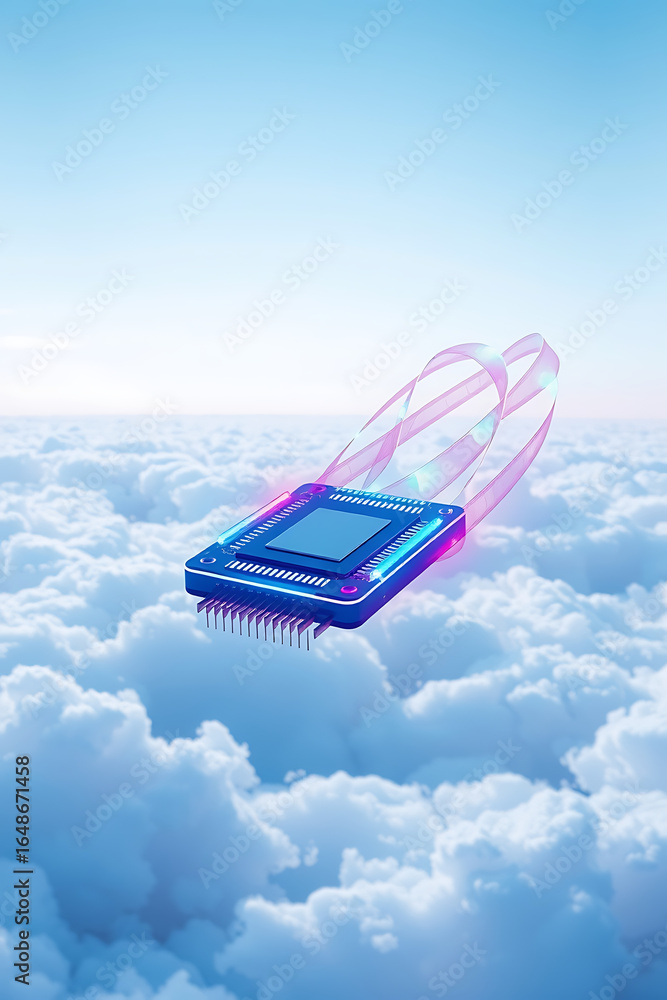 Poster a microchip soars through a vibrant, ethereal cloudscape, representing data transfer or cloud comput