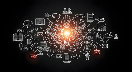 Complex Business Process Flow Chart with Gears, Icons, and Interconnected Lines Illustrating Strategy and Planning
