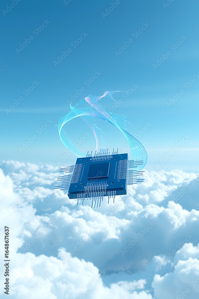 Poster a microchip floats amidst ethereal clouds, symbolizing advanced technology and cloud computing.