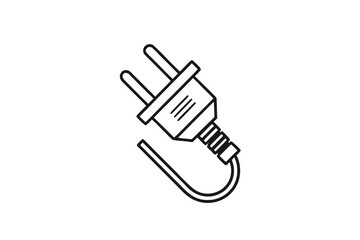 Electrical Plug Icon Line Art Design with Wire Isolated on White Background