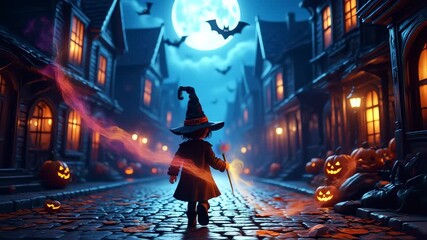 Mystical Halloween Night: Child Witch Casts Glowing Spell Amidst Jack-o'-Lanterns and Full Moon
