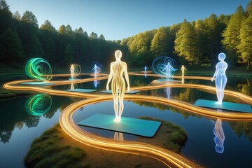 Futuristic human energy fields connect across a serene natural landscape