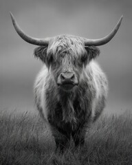 Monochrome Highland Herd. Portrait of Hairy Cow in Natural Habitat, Emphasizing Scottish Heritage