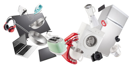 Electronics and appliance store shopping. Group of household appliances and electronic devices for...