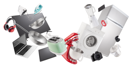 Electronics and appliance store shopping. Group of household appliances and electronic devices for the home and kitchen. Top deals and sales in supermarkets, malls and Online shopping offers banner