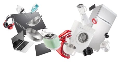 Electronics and appliance store shopping. Group of household appliances and electronic devices for the home and kitchen. Top deals and sales in supermarkets, malls and Online shopping offers banner © amedeoemaja
