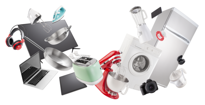 Electronics and appliance store shopping. Group of household appliances and electronic devices for the home and kitchen. Top deals and sales in supermarkets, malls and Online shopping offers banner