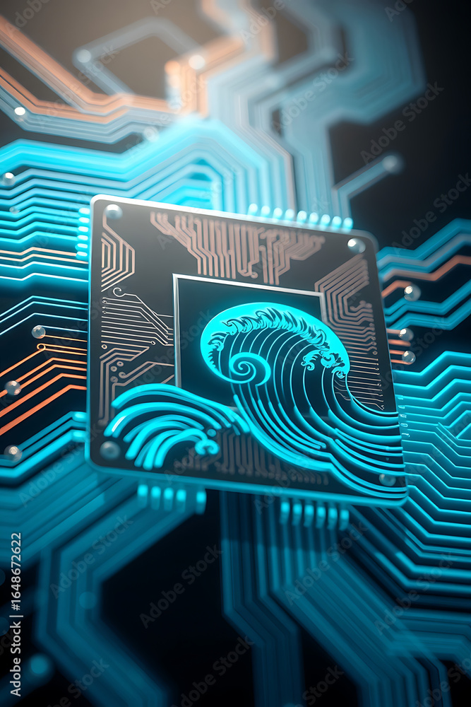 Poster a close-up of a computer chip with a stylized wave design, illuminated by blue light.