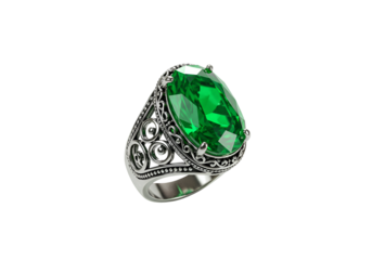 Elegant statement ring featuring an oval-cut vibrant green emerald gemstone set in intricate