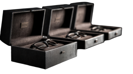 Dark gray eyeglasses cases, lined with fabric, are arranged in a row