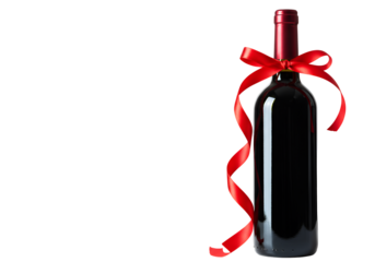Elegant wine bottle decorated with a red bow on a black background for special occasions