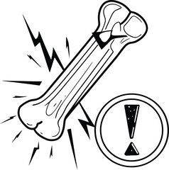 Bone with a crack and a warning triangle containing an exclamation mark line art.