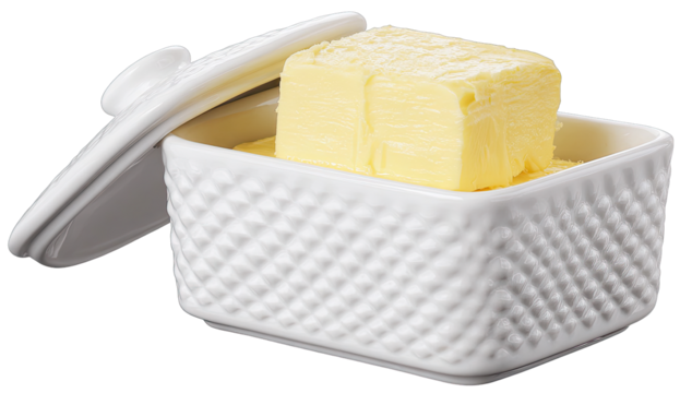 White ceramic butter dish with lid and butter cube - Powered by Adobe