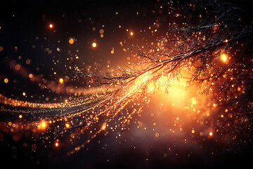 Ethereal glow of shimmering particles and branches creating a magical atmosphere at dusk