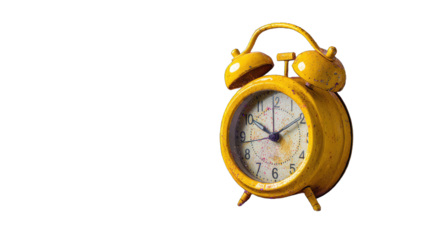 Vibrant yellow alarm clock, slightly worn, against black background