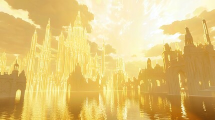 Fototapeta premium golden city at sunset with reflected in calm waters. The scene evokes a sense of peace and wonder.