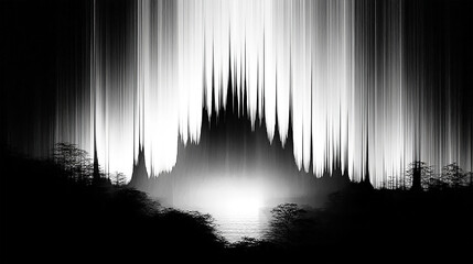 Ethereal landscape with cascading light beams illuminating a mystical forest at dusk
