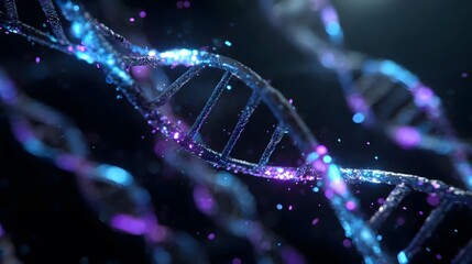 Blue glowing DNA helix in a dark background.