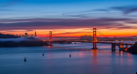 Fototapeta premium Golden Gate Bridge illuminated at twilight, a scenic seascape of San Francisco