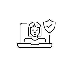 Woman user at laptop, shield and checkmark. Cybersecurity assurance, safe data handling, authenticated login, compliant digital use. Pixel perfect, editable stroke vector icon