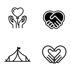 A charity and donation icons set with line art silhouette