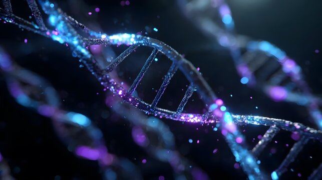 Blue glowing DNA helix in a dark background.