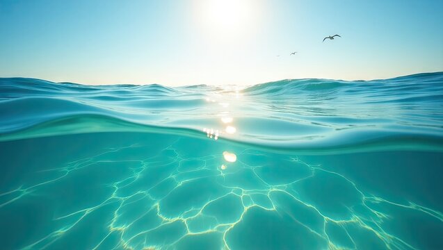 Turquoise ocean water with sunlight reflecting on the surface. - Powered by Adobe
