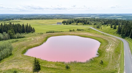 Visually striking product photography, commercial poster of a colorful lake, balanced composition with ample copy space for text, advertising background, salmon pink lake with a tranquil vibe